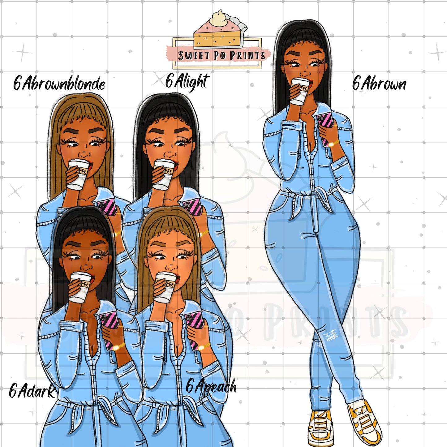 Coffee Planner Stickers | Woman With Coffee Sticker| Hand Drawn Planner Stickers | Denim Stickers | Woman Drinking Coffee Sticker Doll (Copy)