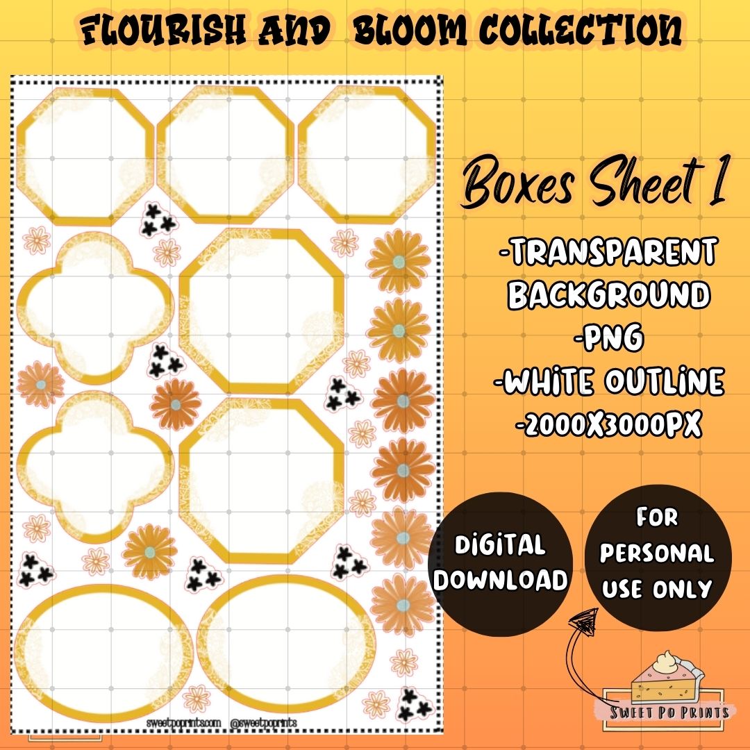 Digital Boxes Sticker Sheet PNG| Flourish and Bloom Collection | Boxes Sheet 1 | Personal Use