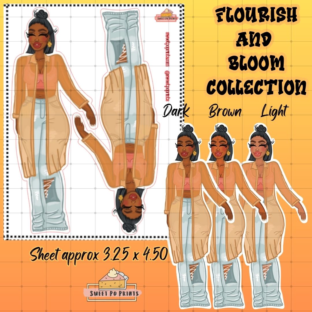 Planner Doll Sticker Sheet | Flourish and Bloom Collection | Pink Crop Top Doll | Physical Sticker Sheet