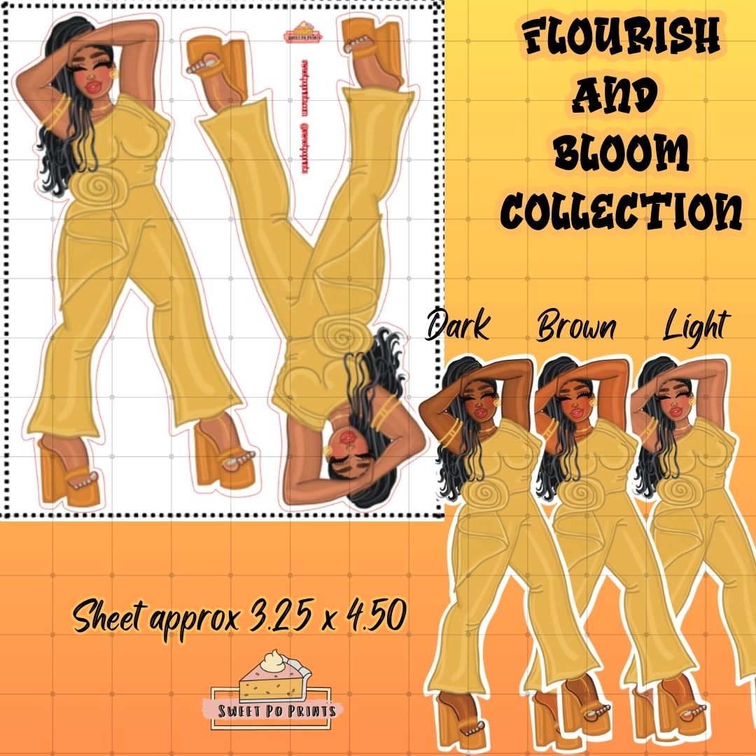 Planner Doll Sticker Sheet | Flourish and Bloom Collection | Yellow Jumpsuit Curvy Doll | Physical Sticker Sheet