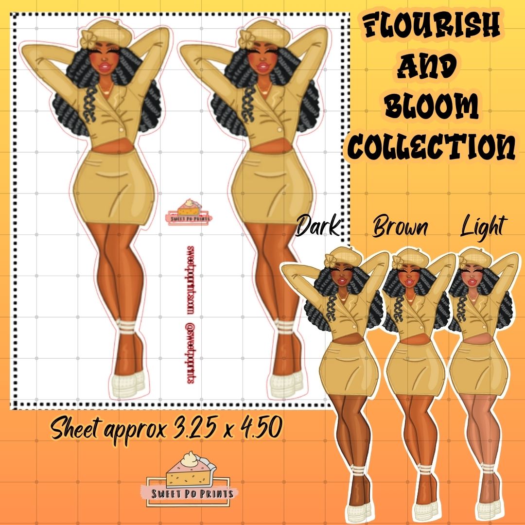 Planner Doll Sticker Sheet | Flourish and Bloom Collection | Yellow Hat and Skirt Set Doll | Physical Sticker Sheet