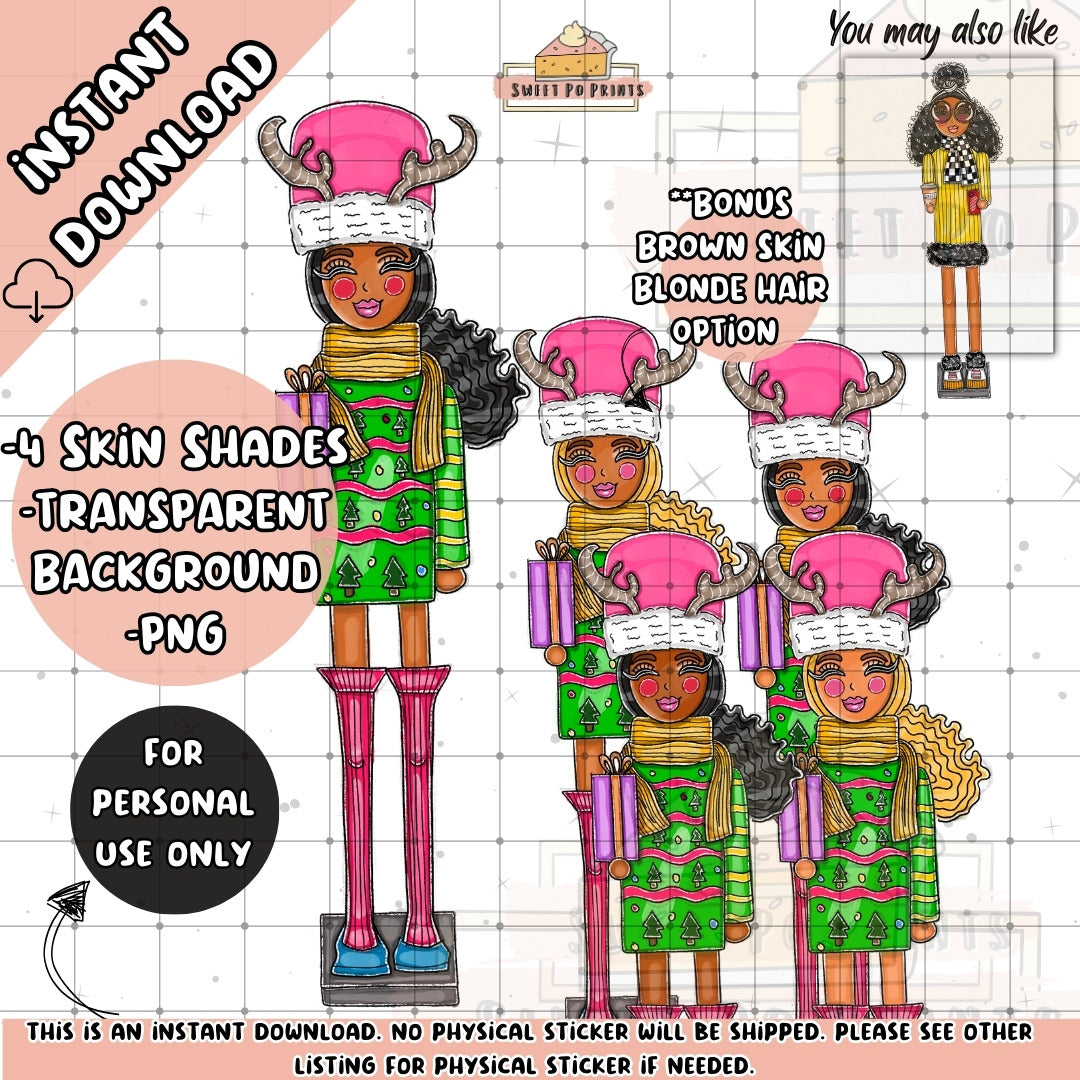 Digital Planner Sticker | Printable Planner Dolls | Digital Planner Doll PNG | Black Woman Sticker | Goodnotes Planner Stickers | | Woman Nutcracker Digital Sticker| Black Nutcracker PNG| Ugly Christmas Sweater Sticker | Female Nutcracker | 12