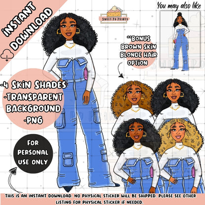 Digital Planner Sticker | Printable Planner Dolls | Digital Planner Doll PNG | Black Woman Sticker | Goodnotes Planner Stickers| Woman in Denim Jumpsuit | Woman with Afro | 5B