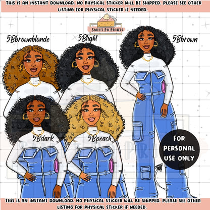Digital Planner Sticker | Printable Planner Dolls | Digital Planner Doll PNG | Black Woman Sticker | Goodnotes Planner Stickers| Woman in Denim Jumpsuit | Woman with Afro | 5B