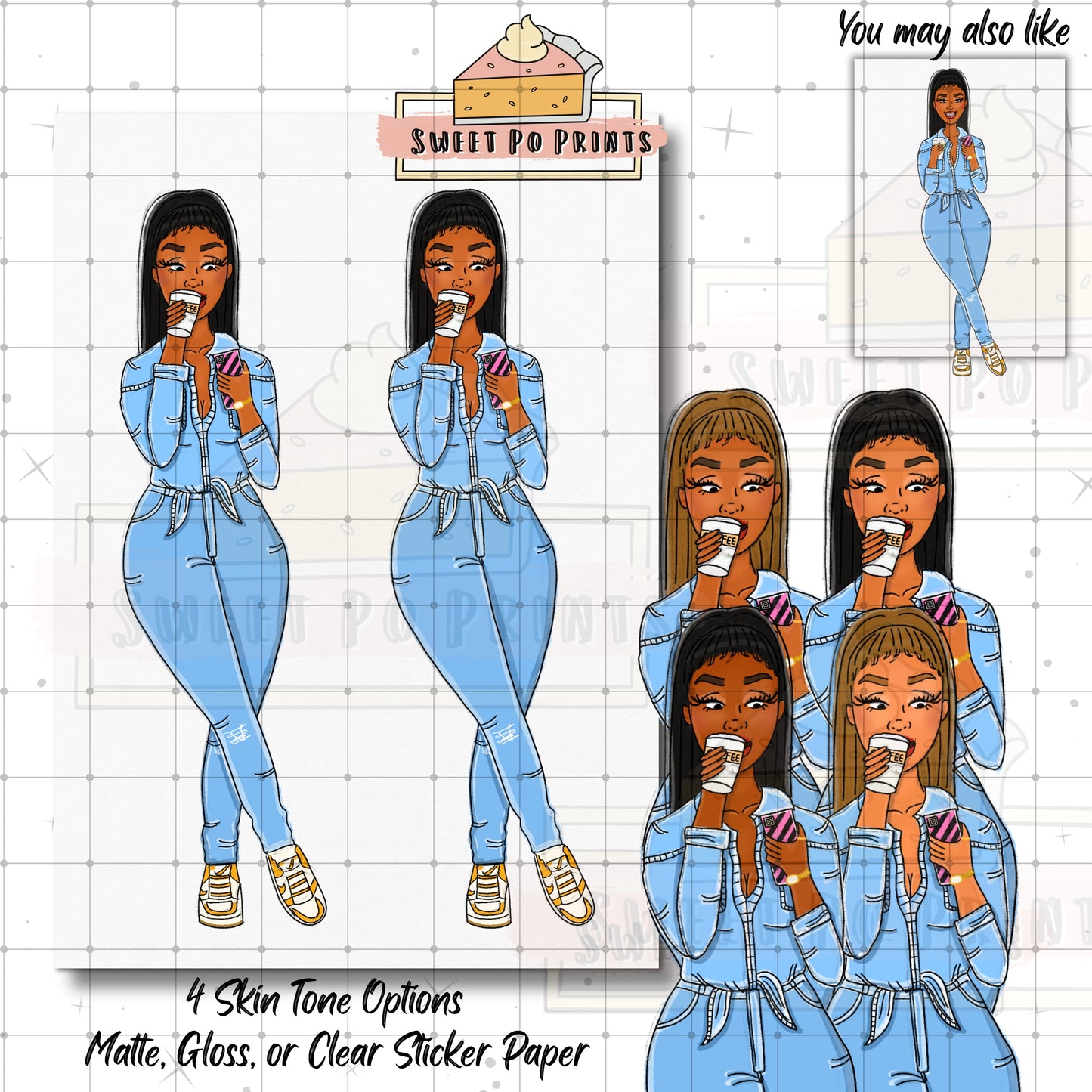 Coffee Planner Stickers | Woman With Coffee Sticker| Hand Drawn Planner Stickers | Denim Stickers | Woman Drinking Coffee Sticker Doll (Copy)