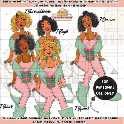 Digital Planner Sticker | Printable Planner Dolls | Digital Planner Doll PNG | Black Woman Sticker | Goodnotes Planner Stickers | Christmas Themed Digital Planner Stickers| Woman with Gift Sticker| Printable Christmas Stickers | Goodnotes PNG | 7B