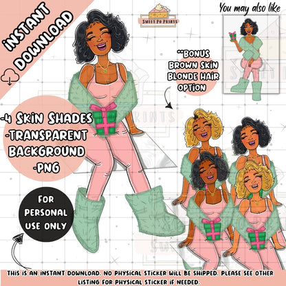 Digital Planner Sticker | Printable Planner Dolls | Digital Planner Doll PNG | Black Woman Sticker | Goodnotes Planner Stickers | Christmas Themed Digital Planner Stickers| Woman with Gift Sticker| Printable Christmas Stickers | Goodnotes PNG | 7B