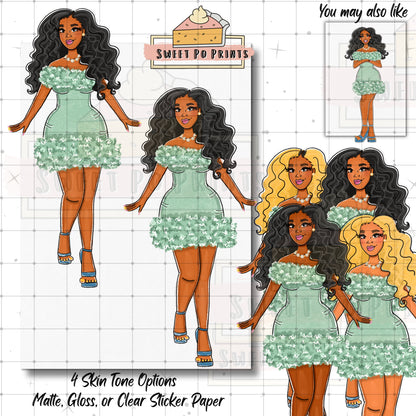 Holiday Planner Stickers | Woman Wearing Dress| Pretty Dress Stickers | Hand Drawn Stickers | Planner Stickers | Green Dress Sticker Doll (Copy)