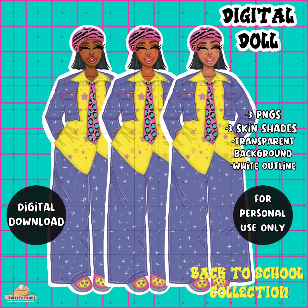 Digital Planner Doll PNG | Back to School | Purple Sparkly Denim Doll | Personal Use