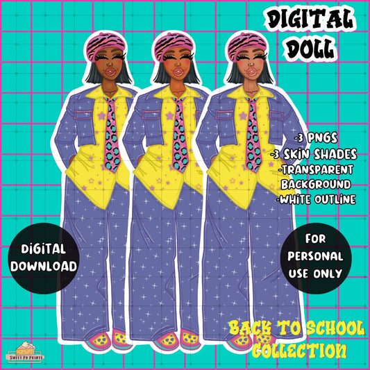Digital Planner Doll PNG | Back to School | Purple Sparkly Denim Doll | Personal Use
