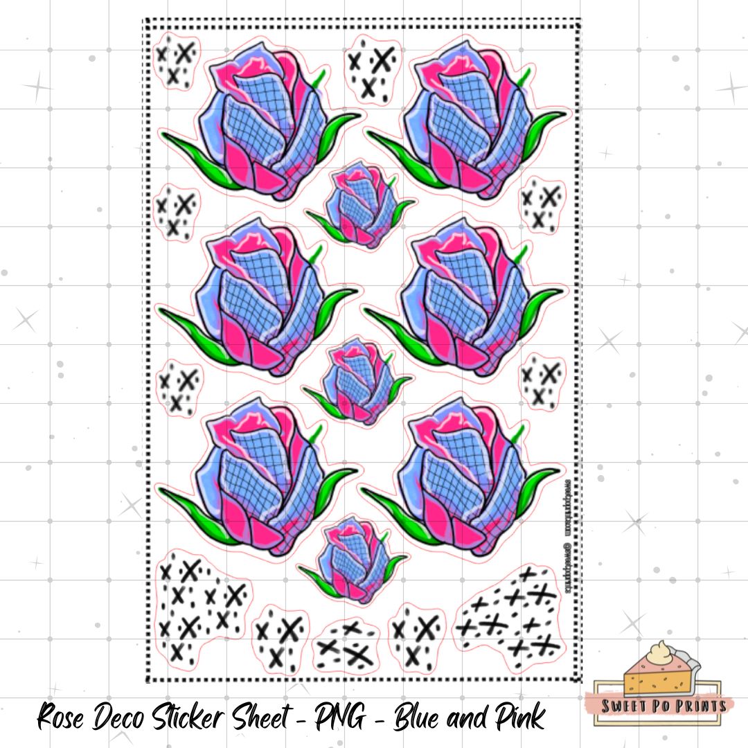 Digital Planner Sticker | Rose Sticker Sheet PNG |  Blue and Pink | Personal Use