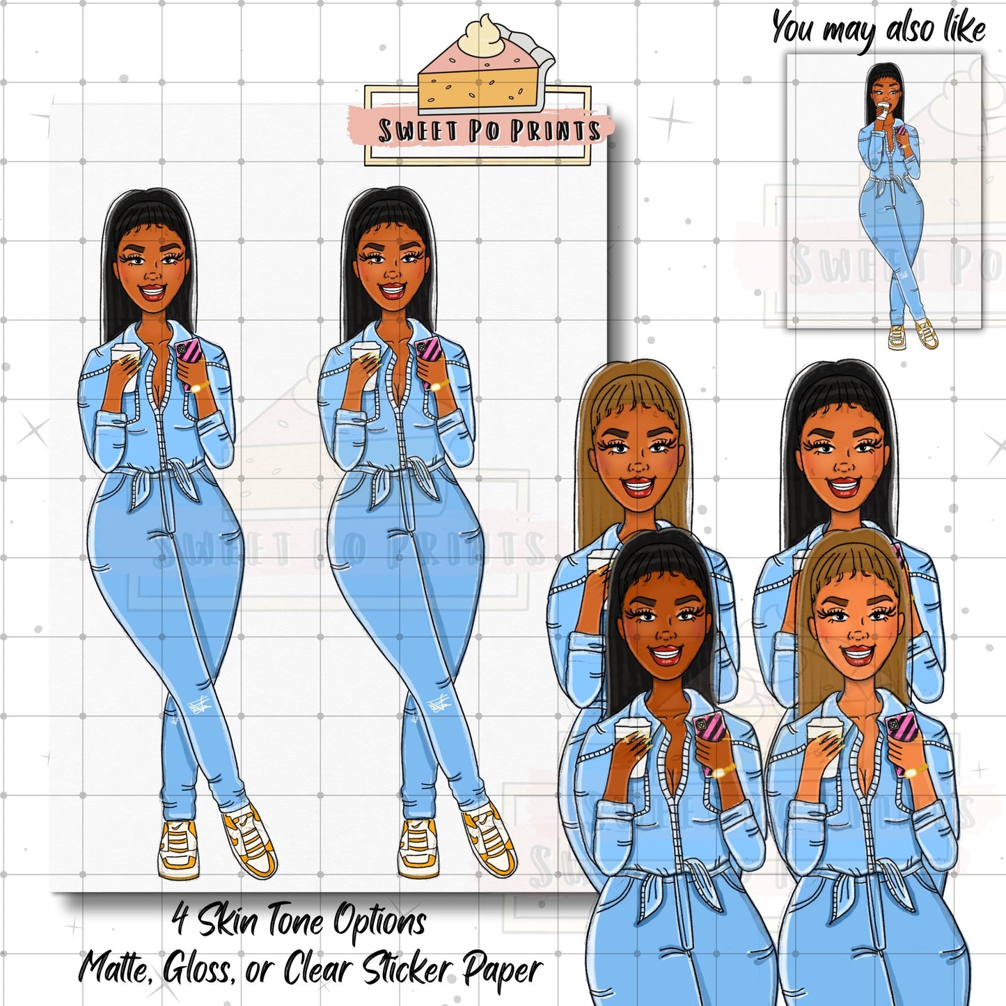 Coffee Planner Stickers | Woman With Coffee Sticker| Hand Drawn Planner Stickers | Denim Stickers | Woman Drinking Coffee Sticker Doll