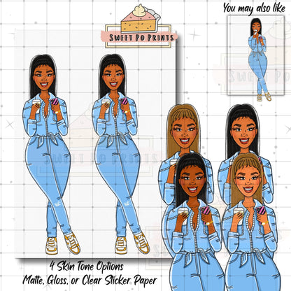 Coffee Planner Stickers | Woman With Coffee Sticker| Hand Drawn Planner Stickers | Denim Stickers | Woman Drinking Coffee Sticker Doll