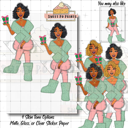 Holiday Planner Stickers | Christmas Stickers | Gift Stickers | Hand Drawn Stickers | Seasonal Planner Stickers | Woman with Gift Sticker