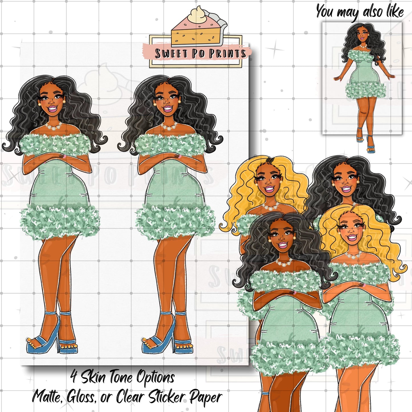 Holiday Planner Stickers | Woman Wearing Dress| Pretty Dress Stickers | Hand Drawn Stickers | Planner Stickers | Green Dress Sticker Doll