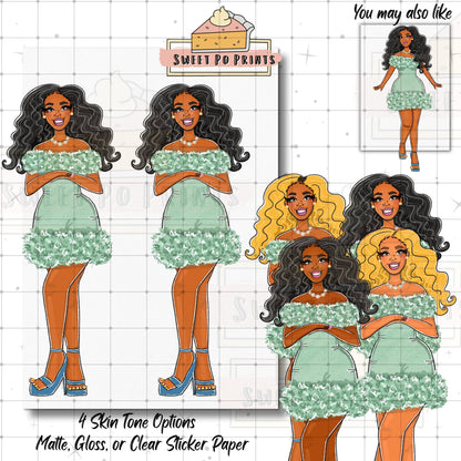 Holiday Planner Stickers | Woman Wearing Dress| Pretty Dress Stickers | Hand Drawn Stickers | Planner Stickers | Green Dress Sticker Doll