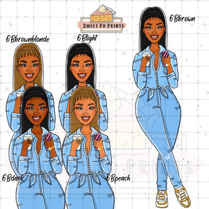 Coffee Planner Stickers | Woman With Coffee Sticker| Hand Drawn Planner Stickers | Denim Stickers | Woman Drinking Coffee Sticker Doll